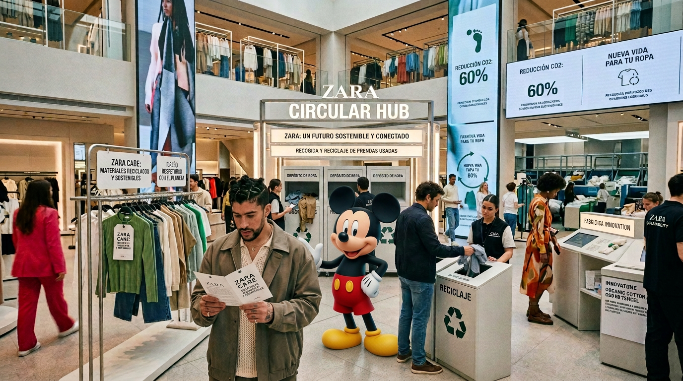 Zara circular fashion sustainability hub Zara store sustainability hub with clothing recycling stations and shoppers