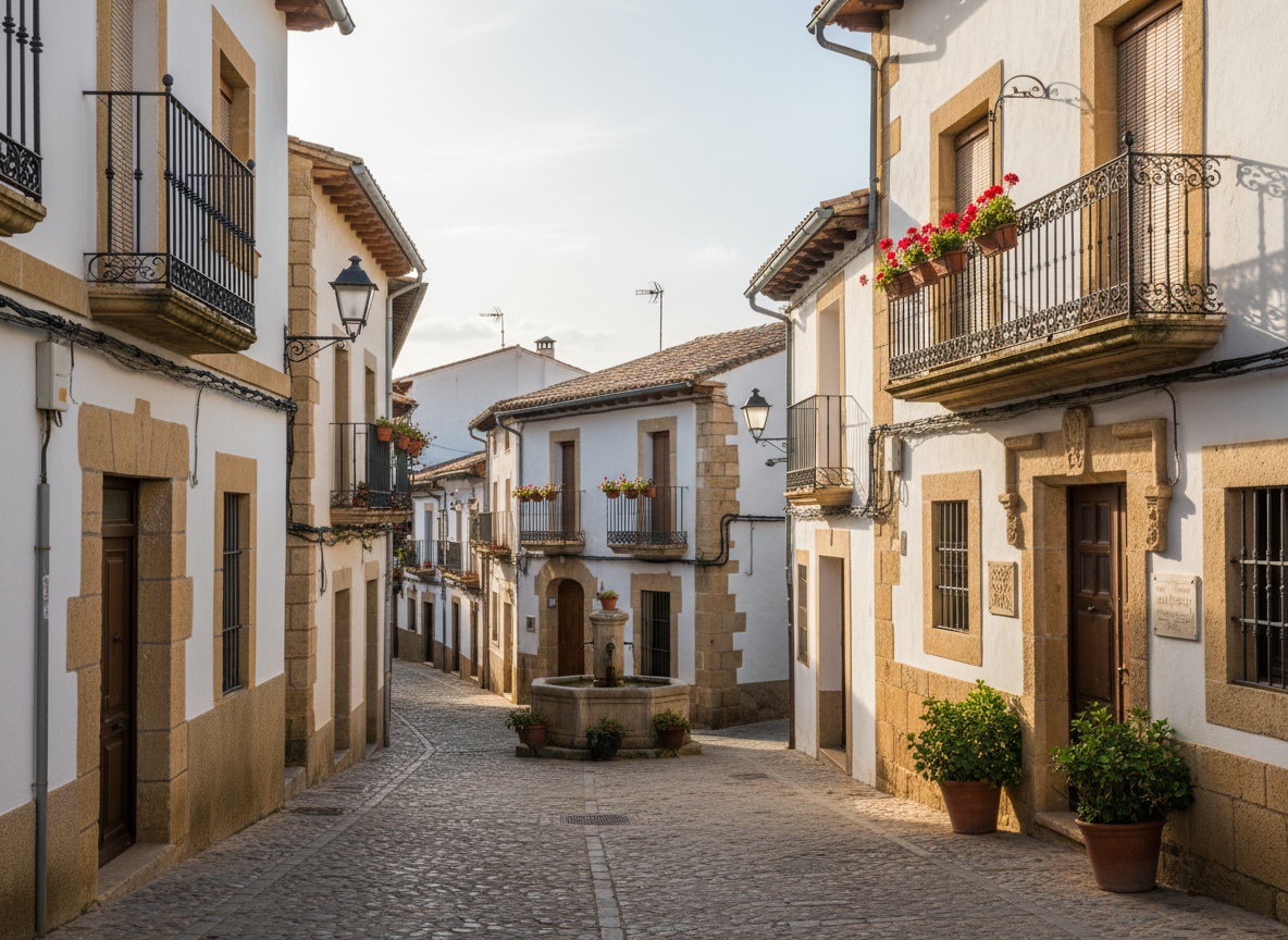 Imagen editorial realista y luminosa de un pueblo con encanto de Castellón, España: calles empedradas, fachadas mediterráneas claras, detalles arquitectónicos tradicionales y ambiente tranquilo, composición horizontal, sin texto ni personas identificables, estilo elegante y natural.