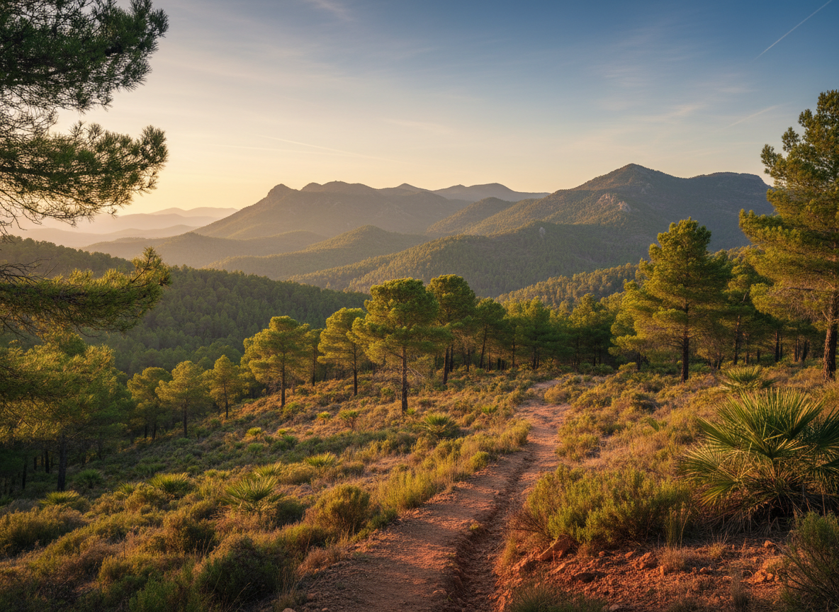 Imagen editorial realista y luminosa de un paisaje natural del interior de Castellón, España: montañas mediterráneas, sendero entre pinos y vegetación autóctona, luz dorada suave, sensación de calma y aventura, composición horizontal, sin texto ni personas identificables, estética elegante y natural.